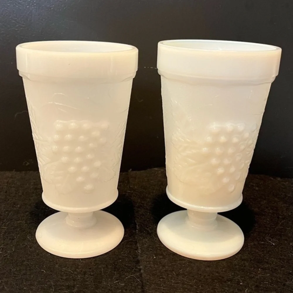 Vintage White Milk Glass Footed Goblets w/ Harvest Grapes Design Set of Two 6